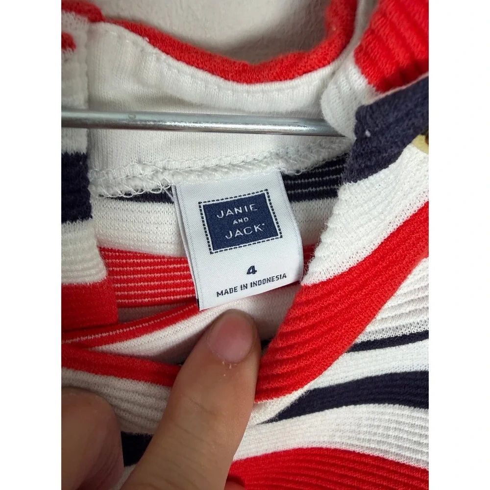 Janie and Jack Knit Dress Girls 4 Red White Blue Nautical Striped Ruffle Pockets